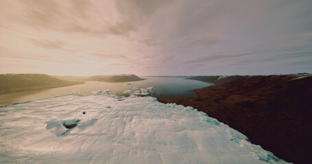 aerial view of pastel horizon with icy foreground, wide negative space and soft gradient sky, versatile stock background for branding, web and editorial layouts © icetray