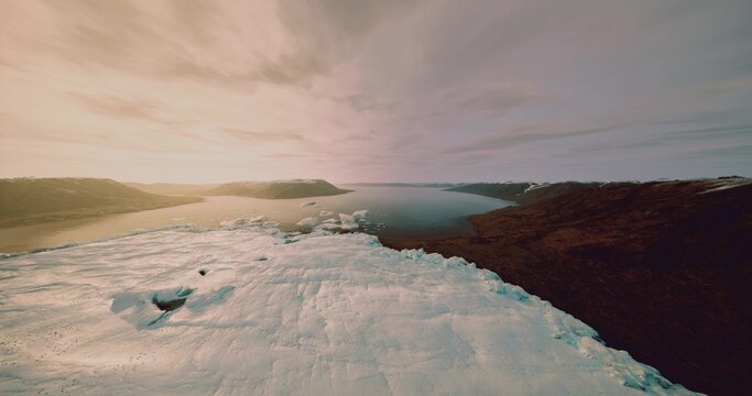 aerial view of pastel horizon with icy foreground, wide negative space and soft gradient sky, versatile stock background for branding, web and editorial layouts