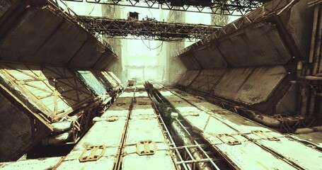 High contrast tunnel with rails, racing drones cutting lighted corridor, neon reflections and speed blur, dynamic competition atmosphere for sport and tech © icetray