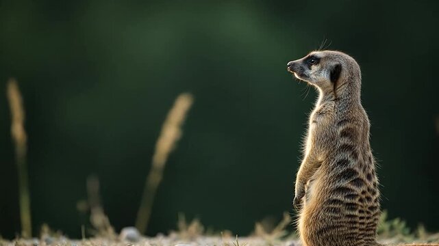 Curious meerkat standing upright and alert, observing its surroundings in a natural grassy habitat with a blurred green background.