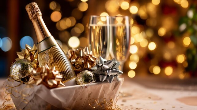 Sparkling Wine Hamper with Party Favors for New Year's Eve Celebration