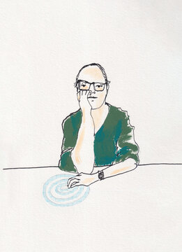 Mixed media portrait of a woman tapping on a table