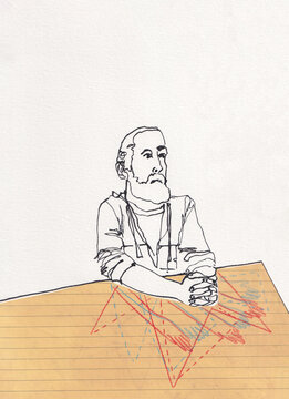 Mixed media portrait of a fidgeting man