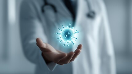 Doctor Holding Glowing Virus Hologram, Pandemic Awareness Concept in India, Futuristic Hospital Background, Faceless Male Physician, Medical Technology, Minimal Clean Healthcare Scene with Copy Space
