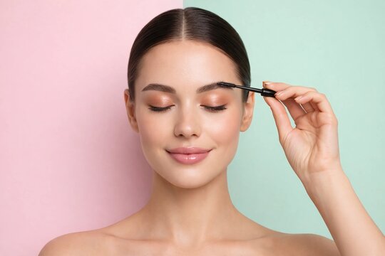 beauty portrait of young woman applying eyebrow mascara with spoolie brush. Soft pastel pink and mint background, natural glow makeup, clean cosmetic style.