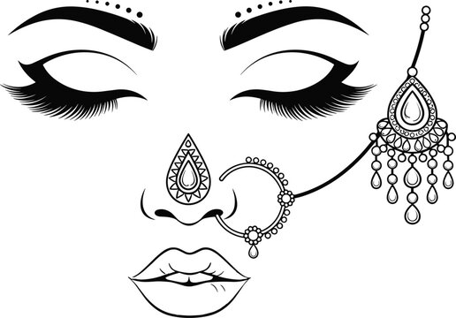 Indian Bridal Makeup Vector Art Featuring Elegant Closed Eyes Long Eyelashes Traditional Nose Ring Nath and Decorative Maang Tikka Jewelry