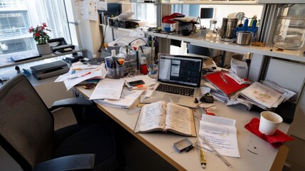 Chaotic Desk Scene from Early Morning Work Session After Overnight Tasks