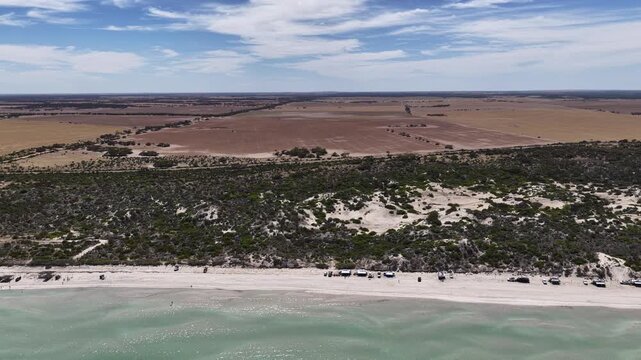 Perlubie Beach, Eyre Peninsula, South Australia &ndash; 4K Aerial Drone Footage of Turquoise Waters, White Sand Dunes and Remote Coastal Landscape near Eba Anchorage and Streaky Bay in Dry Season. 