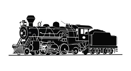 A striking black silhouette of a vintage steam locomotive on a white background showcasing classic railway design silhouette high quality professional © GDOthoi02
