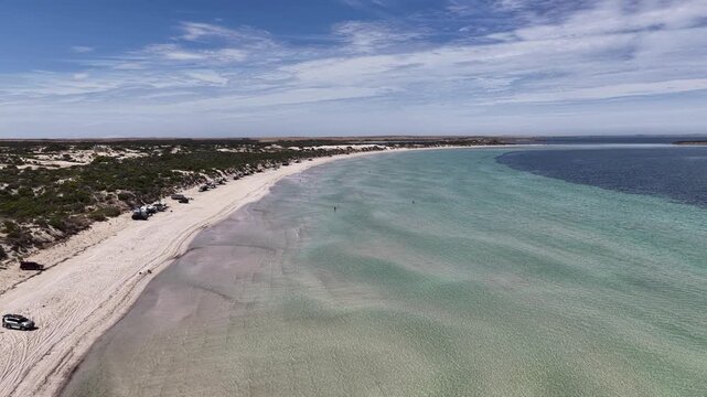 Perlubie Beach, Eyre Peninsula, South Australia &ndash; 4K Aerial Drone Footage of Turquoise Waters, White Sand Dunes and Remote Coastal Landscape near Eba Anchorage and Streaky Bay in Dry Season. 