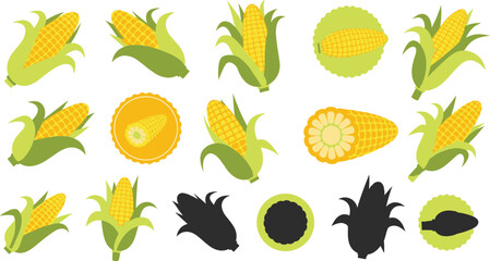 Corn Cob and Maize Vegetable Vector Set with Fresh Sweetcorn Slices Husks and Silhouette Elements for Organic Farm Food Design Police Stop