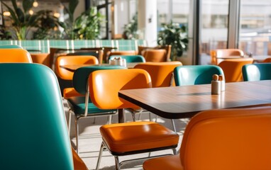 Vibrant Cafeteria Interior Design Featuring Warm Orange and Teal Color Scheme