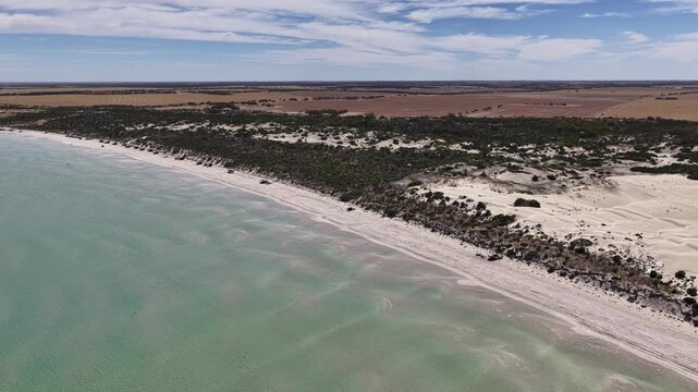 Perlubie Beach, Eyre Peninsula, South Australia &ndash; 4K Aerial Drone Footage of Turquoise Waters, White Sand Dunes and Remote Coastal Landscape near Eba Anchorage and Streaky Bay in Dry Season. 