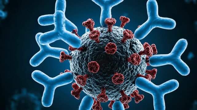 Antibody attaching to virus cell and destroying it. Medical process of virus degradation with immune system response.