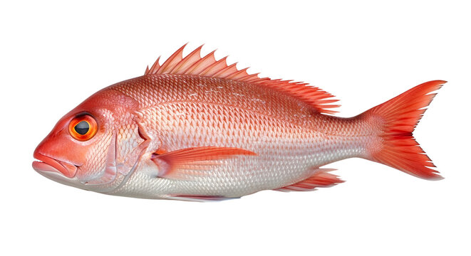 Fresh whole red snapper fish with orange eye isolated on a white background, side view