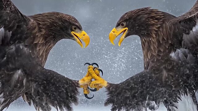 Two powerful eagles with sharp talons facing each other intensely, depicting a dramatic interaction on a neutral grey background.