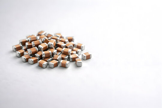 SMD Ceramic Capacitors (MLCC) Pile on White Background with Copy Space