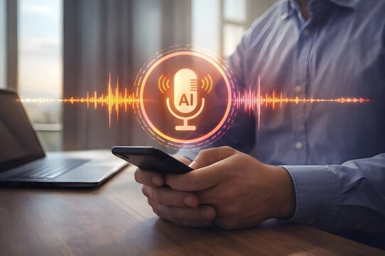 AI voice assistant interaction concept with microphone interface, speech recognition technology, and natural digital conversation system
