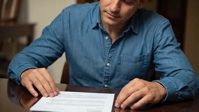 Focused man signing an important document at a wooden desk in a professional indoor setting.