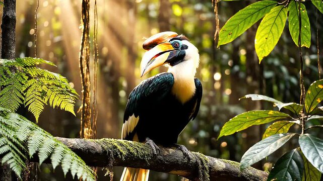 Tropical rhinoceros hornbill in forest
