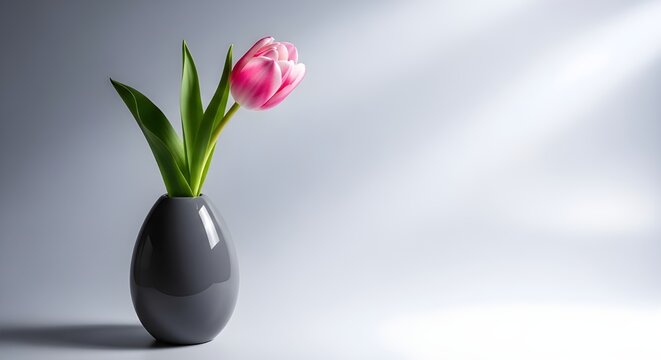 Vibrant pink tulip in vase celebrating the first day of spring and new beginnings with fresh floral beauty