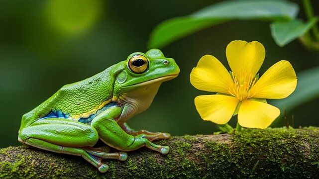 Vibrant Green Tree Frog Perched on Branch with Yellow Flower in Lush Natural Habitat