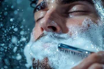Fototapeta premium Close-up of young man washing and combing beard with metal comb and white foam. Professional male grooming concept for personal hygiene and skin care. Dynamic water splashes on dark background.