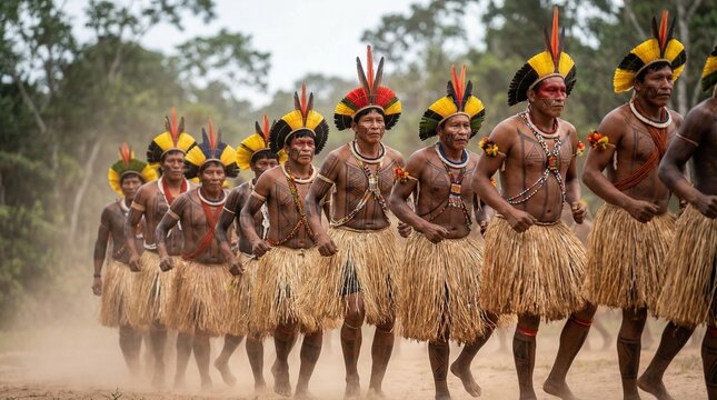 Indigenous Brazilian men performing a traditional cultural ritual with feather headdresses and geometric body paint in a natural forest setting. Authentic heritage and ancestral expression.