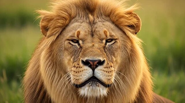 Majestic close-up portrait of a powerful male lion looking directly at the viewer, with its impressive mane and intense gaze in its natural savanna habitat.