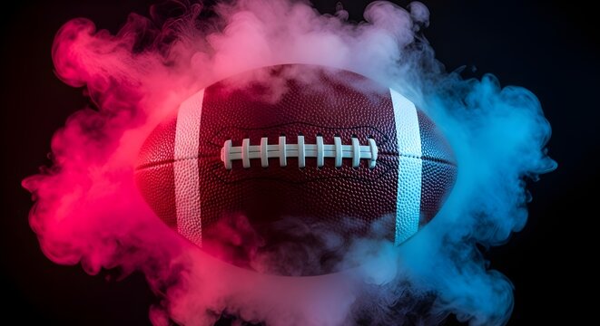 American football with red and blue smoke effects on black background