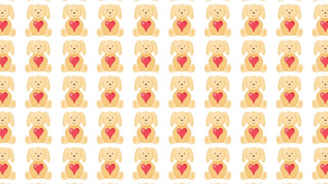 Repeating pattern of dog icons holding red hearts. Suitable for valentines day decorations, pet lover designs, and greeting cards.