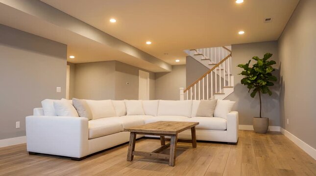 Bright Living Room with White Sectional Sofa Grey Walls and Wooden Floor Under Warm Recessed Lighting Featuring a Rustic Coffee Table and Staircase