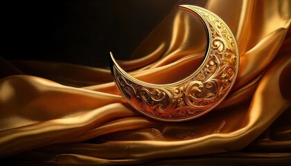 Golden Crescent Moon on Luxurious Silk Fabric - A Ramadan Celebration.