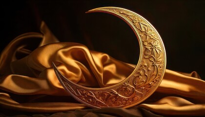 Golden Crescent Moon Ornament on Luxurious Fabric - A Symbol of Ramadan.