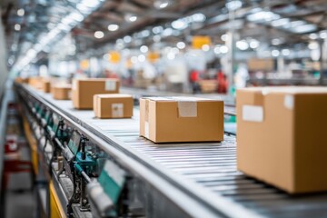 Cardboard Boxes Moving on a Factory Production Line