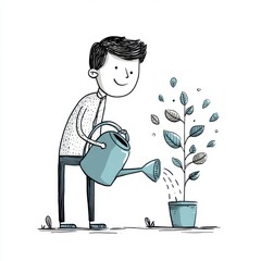 Cartoon Man Watering Plant of Positivity