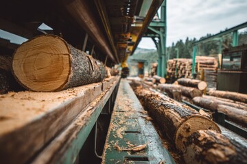 Freshly Cut Logs Moving on Sawmill Conveyor Belt