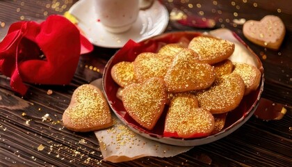 Heart-shaped cookies in bowl with coffee and red ribbon.