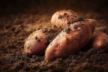 Freshly Dug Sweet Potatoes Covered in Soil