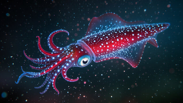 Vampire Squid with Red and Blue Bioluminescent Glow in the Deep Sea