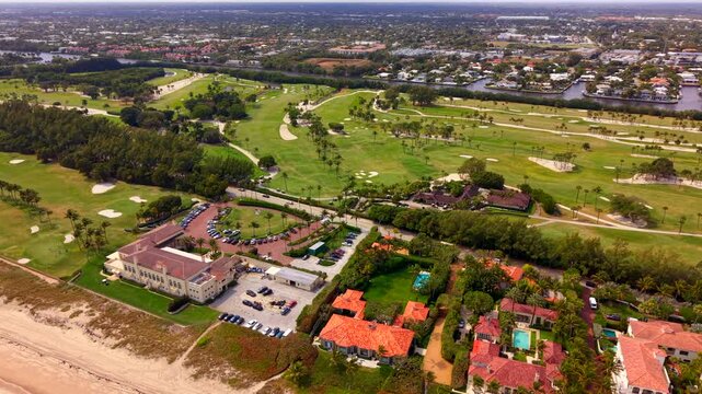 Aerial stock footage Gulf Stream Golf Club landscape 4k 24p