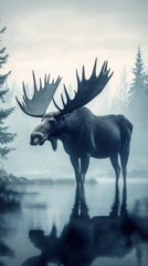 Majestic Moose Standing in a Misty Forest Lake