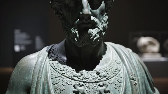 Close-up of an ancient Greek or Roman male statue bust in bronze, featuring intricate details on the armor and a stoic expression, against a dark, museum-like background.