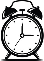 Obraz premium A simple black and white illustration depicts a classic alarm clock with a circular face and two bells on top suggesting time and wakefulness