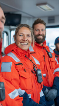 Smiling Paramedics Team Wearing Bright Orange High-Visibility Rescue Jackets With Radios And Safety Gear
