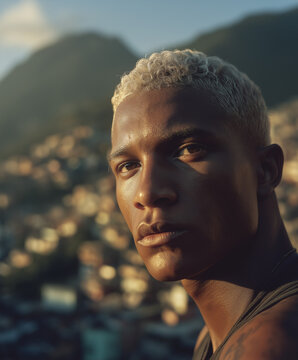 Portrait Of A Young Brazilian Man From Rocinha Favela In Golden Hour Light