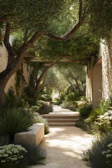 Fototapeta premium Tranquil Mediterranean Garden Corridor With Olive Trees, Stone Pathway and Lush Green Archway