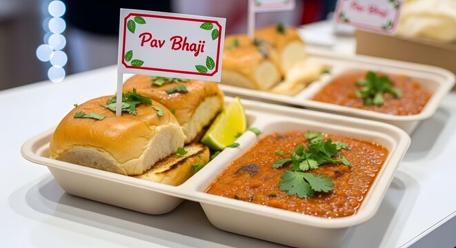 Delicious indian street food pav bhaji served in takeaway containers with a pav bhaji flag