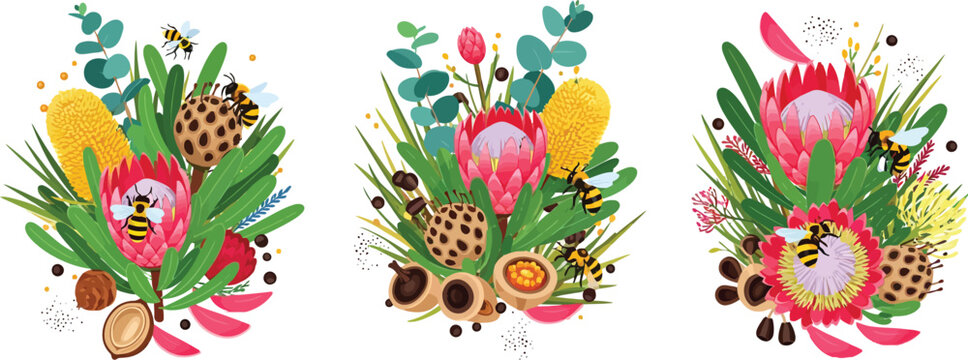Vibrant floral arrangements with proteas and greenery in a colorful display