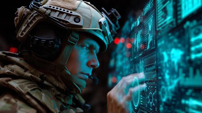 Tactical soldier in helmet looking at futuristic digital data screen for mission planning
